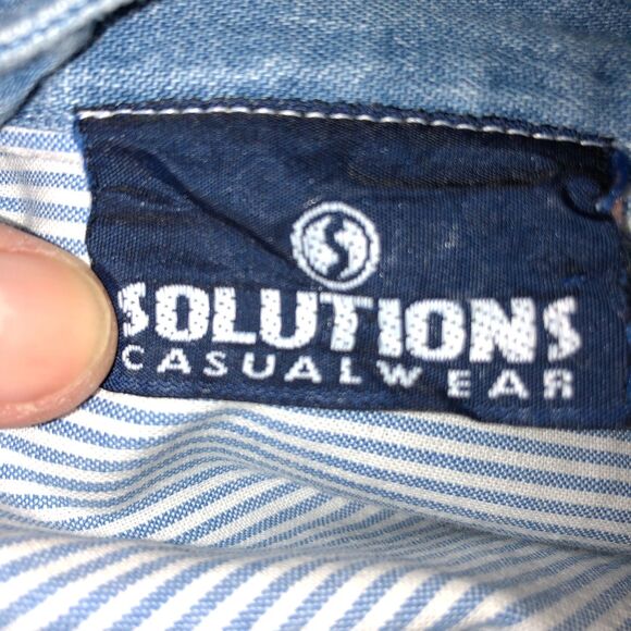 Vintage Solutions Womens 2X Blue White Striped Banded Collar Button Up Shirt - Picture 7 of 8